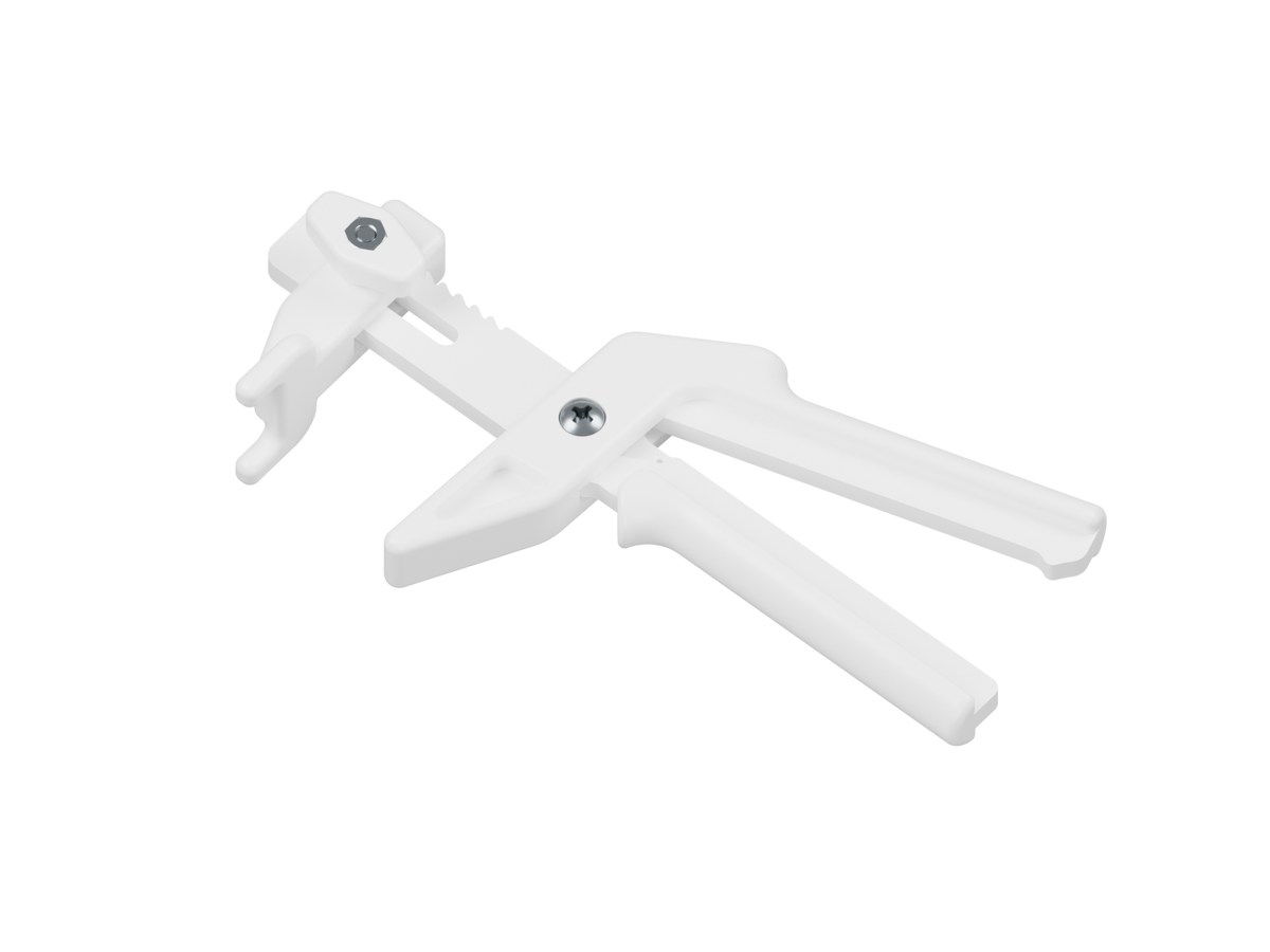 White CLIP-IT Tile Pliers shown from the adjustment-knob side